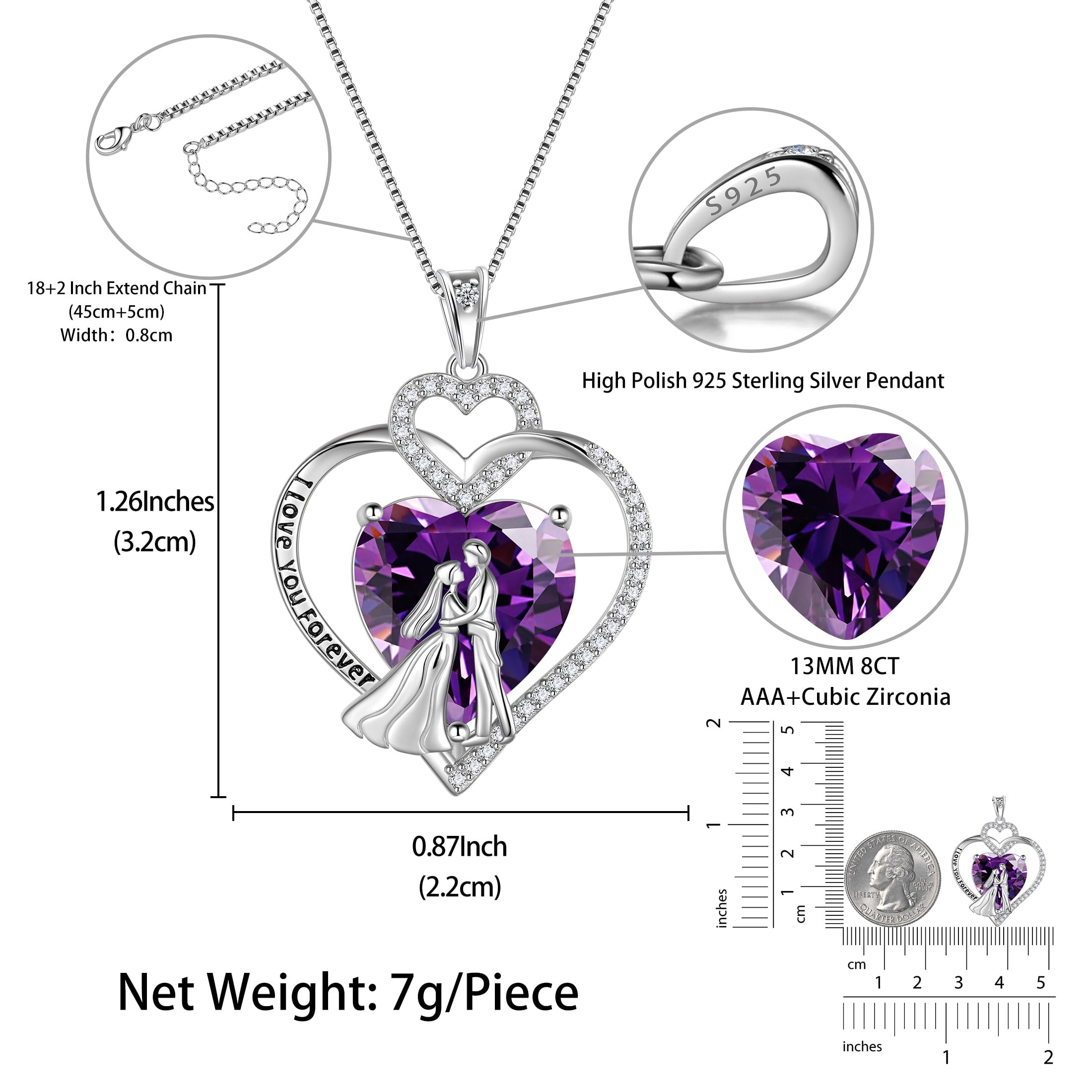 Couple Necklace for Women 925 Sterling Silver Heart February Birthstone Pendant Love Wedding Engagement Jewelry Valentine's Day Gift for Her Wife Girlfriend Bride - Aurora Tears