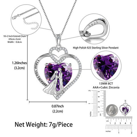 Couple Necklace for Women 925 Sterling Silver Heart February Birthstone Pendant Love Wedding Engagement Jewelry Valentine's Day Gift for Her Wife Girlfriend Bride - Aurora Tears