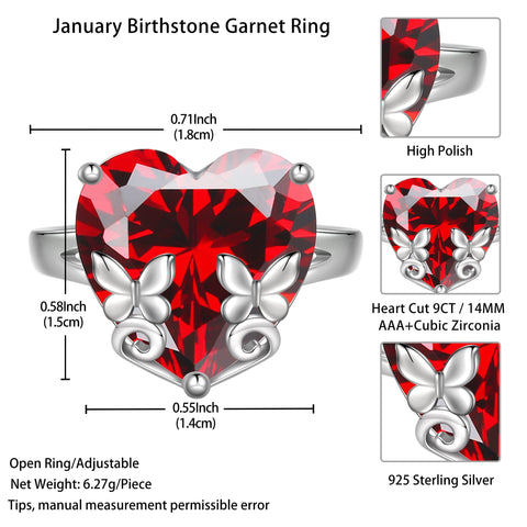 9Ct Women Heart Ring 925 Sterling Silver Butterfly January Birthstone Red Garnet Solitaire Ring Jewelry Mother Birthday Valentine's Day Gift - Aurora Tears