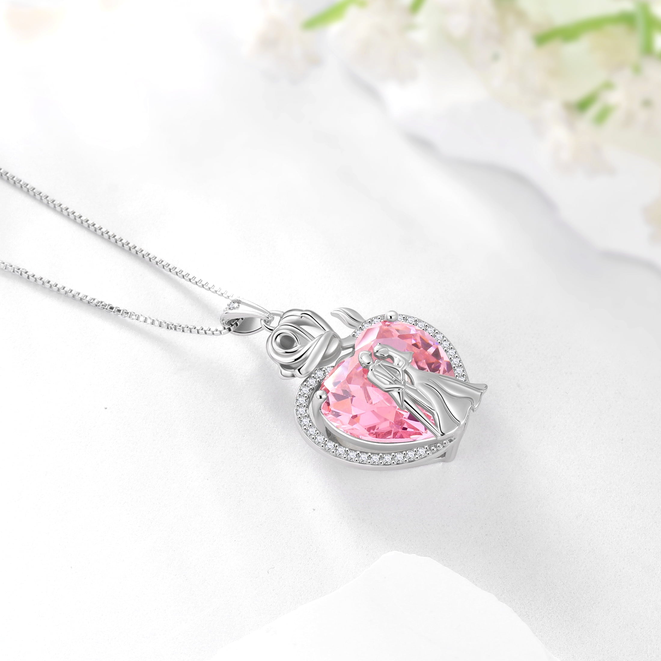 Couple Necklace for Women 925 Sterling Silver 15MM Heart October Birthstone Rose Flower Pendant Wedding Engagement Jewelry Valentine's Day Gift for Her Wife Bride - Aurora Tears