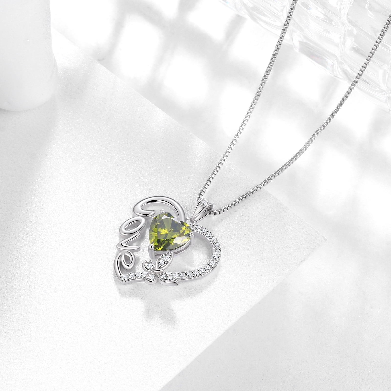 Women Green Love Heart Necklace Butterfly August Birthstone Necklace Peridot CZ 925 Sterling Silver Pendant Jewelry Christmas Birthday Mother's Day Gift - Aurora Tears