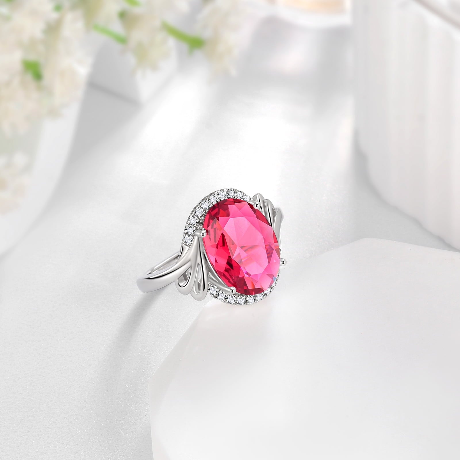 8Ct Oval Ruby Women Ring 925 Sterling Silver Halo July Birthstone Red Band Jewelry Mother Grandma Birthday Xmas Valentine's Day Gift - Aurora Tears