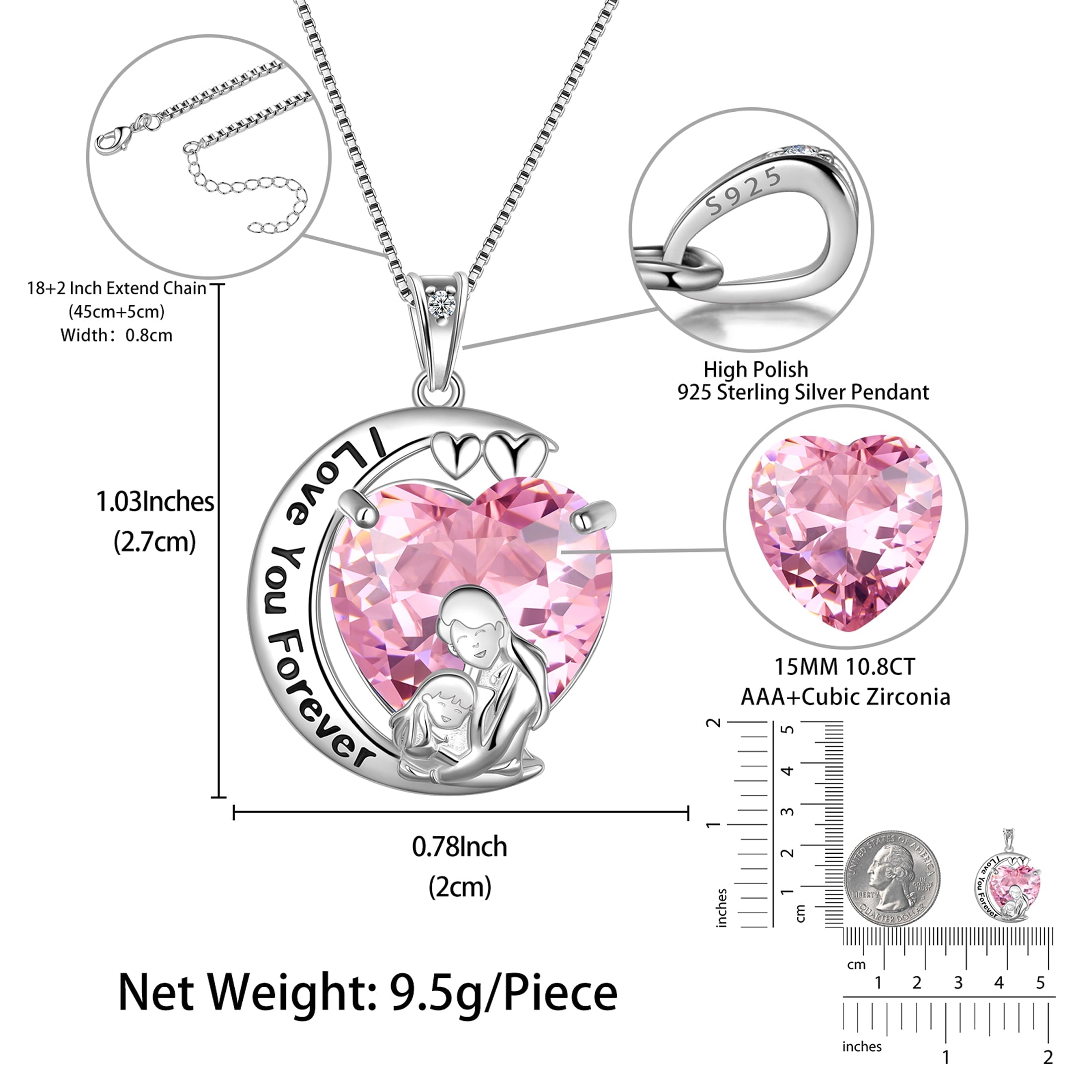Moon Heart Mother Daughter Necklace 925 Sterling Silver Pink Tourmaline October Birthstone Pendant Jewelry Women Birthday Christmas Mother Day Gift Idea - Aurora Tears