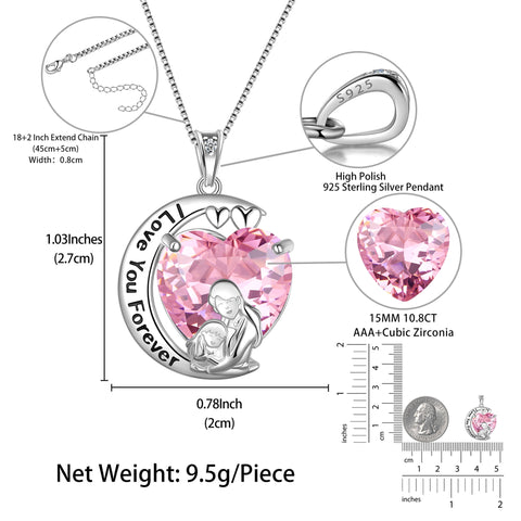 Moon Heart Mother Daughter Necklace 925 Sterling Silver Pink Tourmaline October Birthstone Pendant Jewelry Women Birthday Christmas Mother Day Gift Idea - Aurora Tears