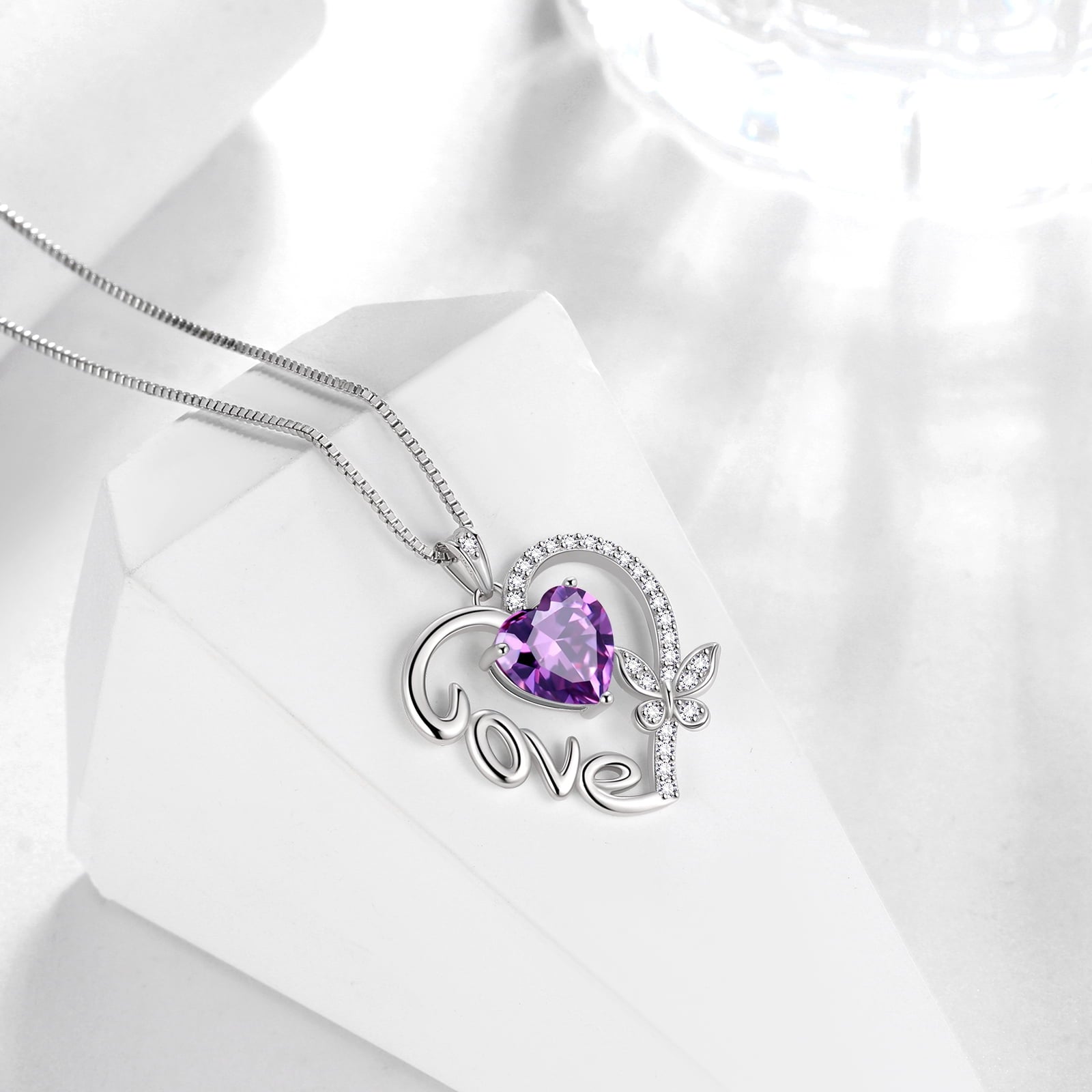 Women Purple Love Heart Necklace Butterfly February Birthstone Necklace Amethyst 925 Sterling Silver Pendant Jewelry Mom Birthday Valentine's Day Gift - Aurora Tears