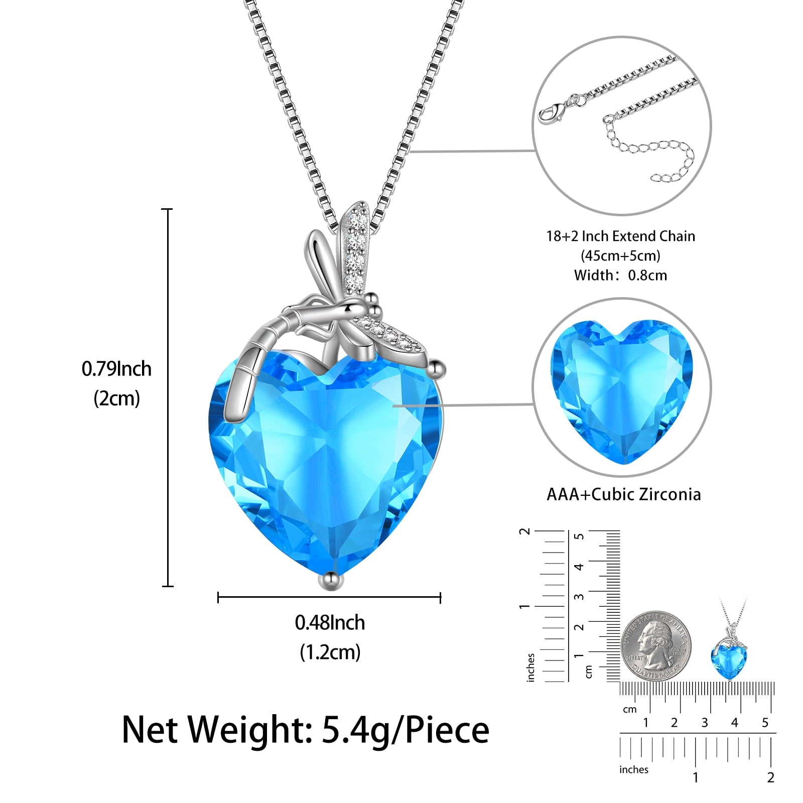 Dragonfly Necklace Heart March Birthstone Necklace Aquamarine 925 Sterling Silver Pendant Blue Jewelry Women Birthday Christmas Mother's Day Gifts - Aurora Tears