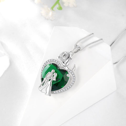 Couple Necklace for Women 925 Sterling Silver 15MM Heart May Birthstone Rose Flower Pendant Wedding Engagement Jewelry Valentines Day Gift for Her Wife/Girlfriend - Aurora Tears