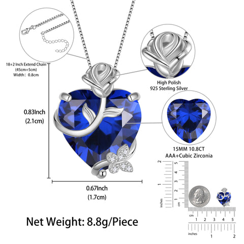 15MM Women Rose Heart Necklace September Birthstone 925 Sterling Silver Flower Butterfly Pendant Blue Sapphire Jewelry Birthday Mother's Day Gift - Aurora Tears