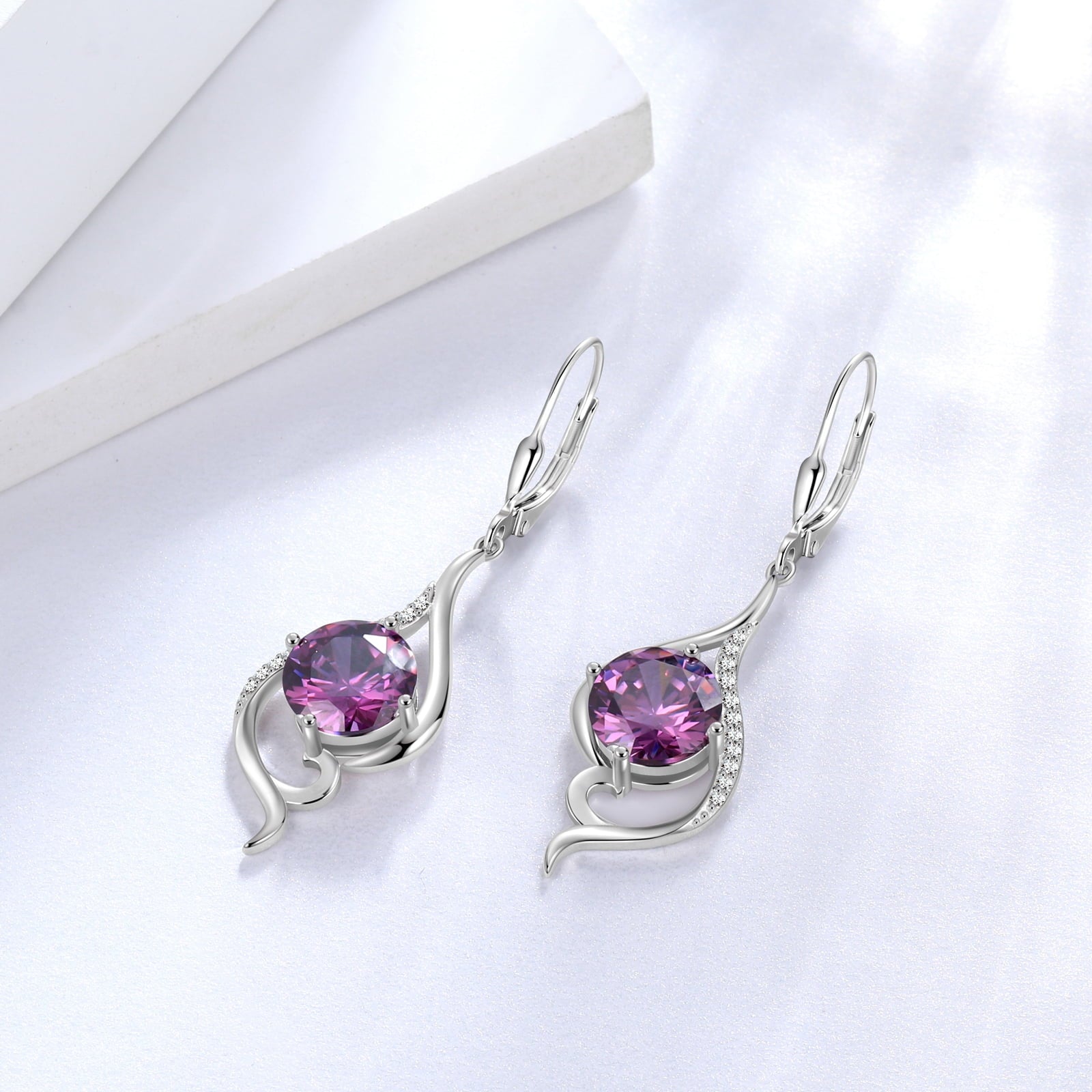 Women Drop Earrings February Birthstone Amethyst Purple Hanging Leverback Earring Sterling Silver Jewelry Christmas Birthday Valentine's Day Gift for Her/Wife/Mom - Aurora Tears