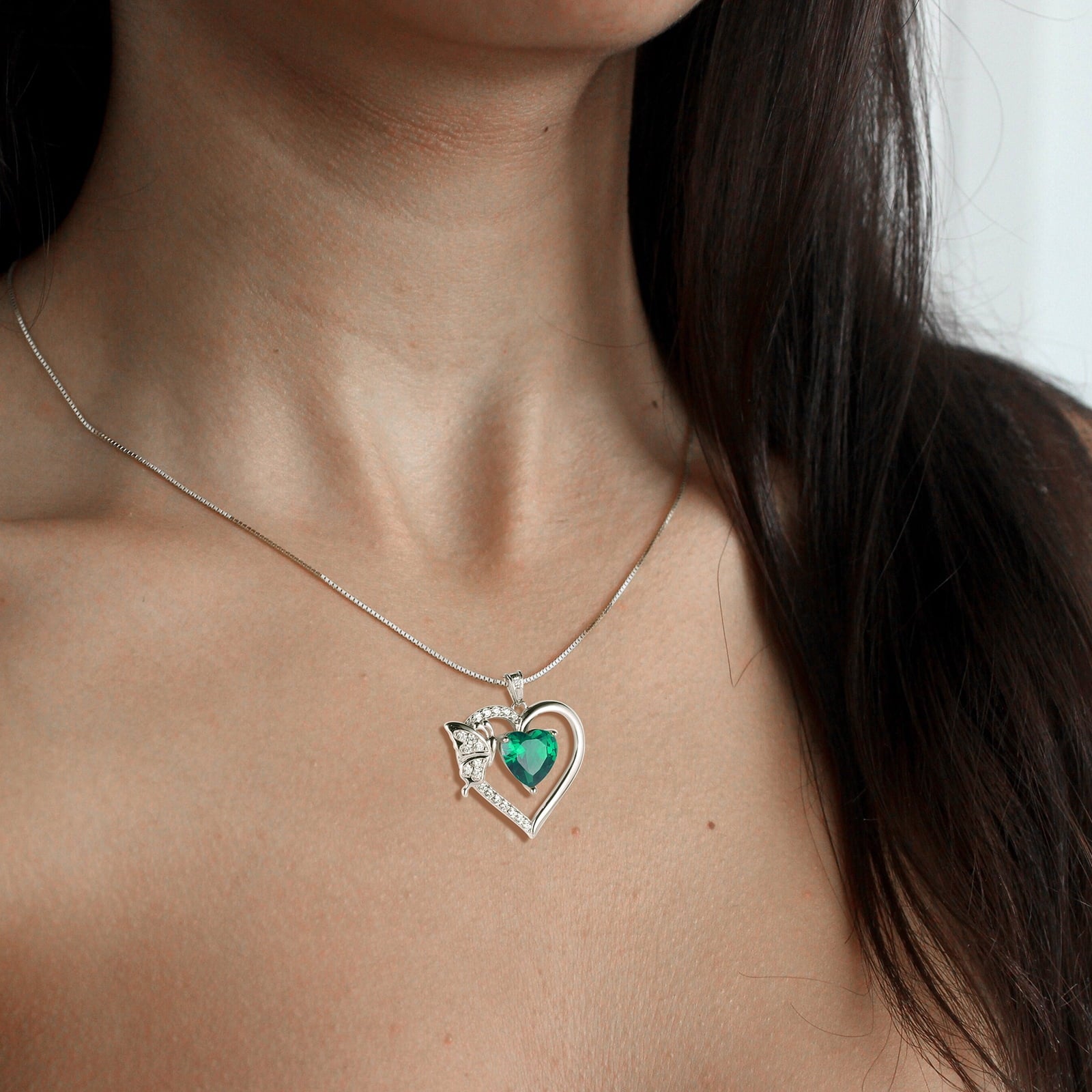 Women Green Heart Necklace Butterfly May Birthstone Necklace Emerald 925 Sterling Silver Pendant Jewelry Christmas Birthday Mother's Day Gifts - Aurora Tears