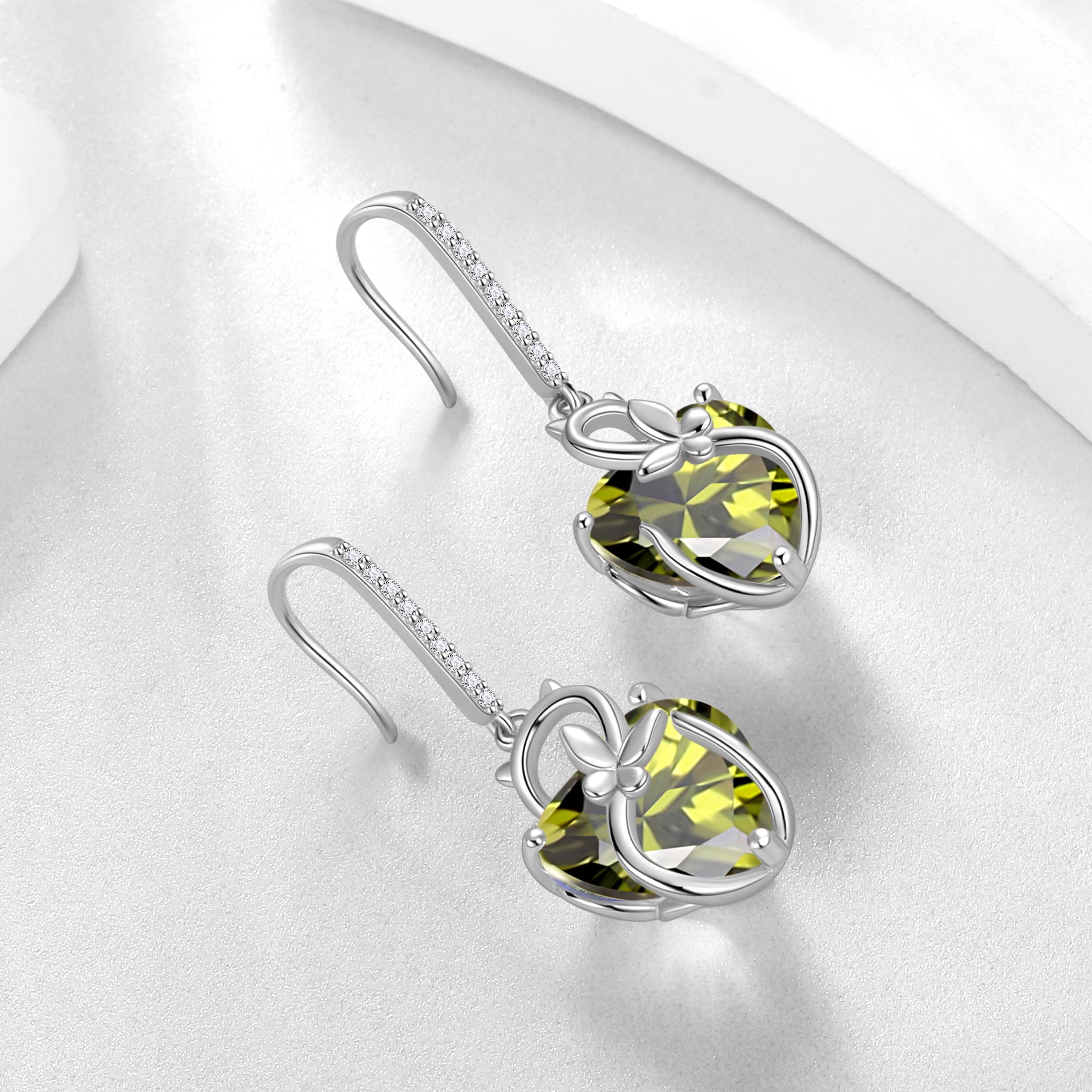 Cat Butterfly Earrings for Women 925 Sterling Silver Earrings Dangle Drop Hook Green Heart Peridot August Birthstone Jewelry Christmas Birthday Valentines Mothers Day Gift for Mom Grandma - Aurora Tears