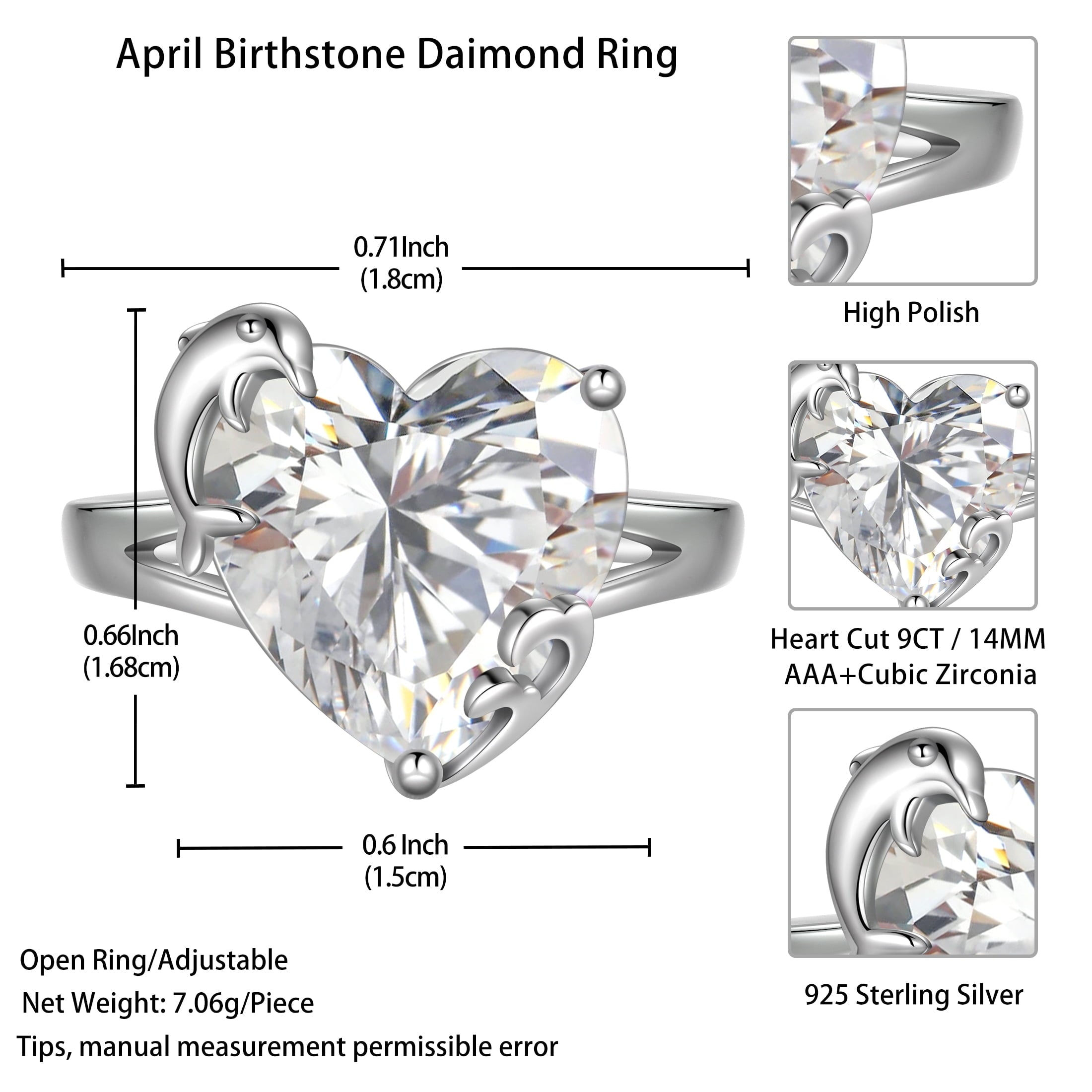 9Ct Women Heart Ring 925 Sterling Silver Dolphin April Birthstone Diamond Crystal Solitaire Ring Bridal Jewelry Birthday Gift - Aurora Tears