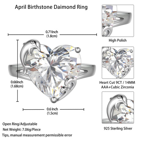 9Ct Women Heart Ring 925 Sterling Silver Dolphin April Birthstone Diamond Crystal Solitaire Ring Bridal Jewelry Birthday Gift - Aurora Tears