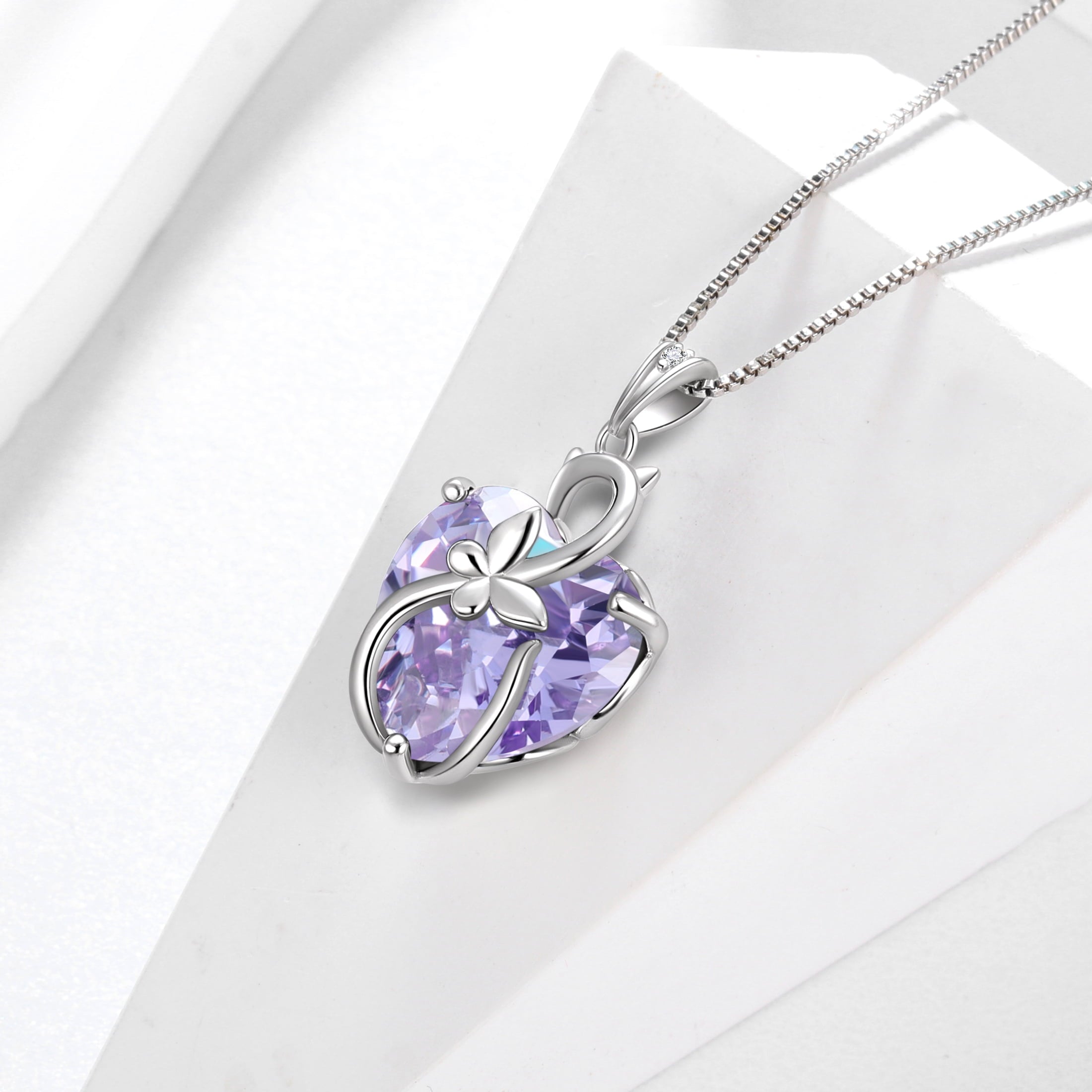 15MM Women Cat Necklace Heart June Birthstone 925 Sterling Silver Pendant Purple Alexandrite Butterfly Jewelry Birthday Cat Lover Gift - Aurora Tears