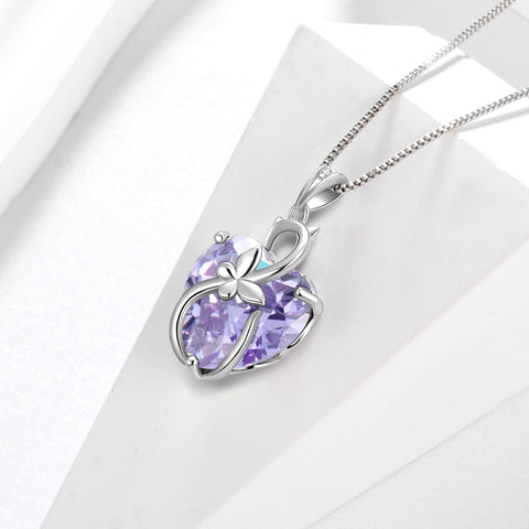15MM Women Cat Necklace Heart June Birthstone 925 Sterling Silver Pendant Purple Alexandrite Butterfly Jewelry Birthday Cat Lover Gift - Aurora Tears