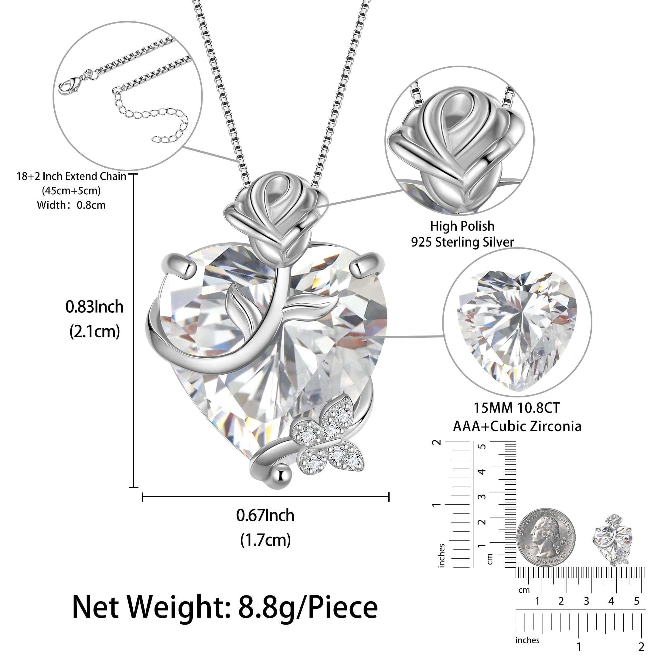 15MM Women Rose Heart Necklace April Birthstone 925 Sterling Silver Flower Butterfly Pendant Diamond CZ Bridal Jewelry Mother Valentine's Day Gift - Aurora Tears