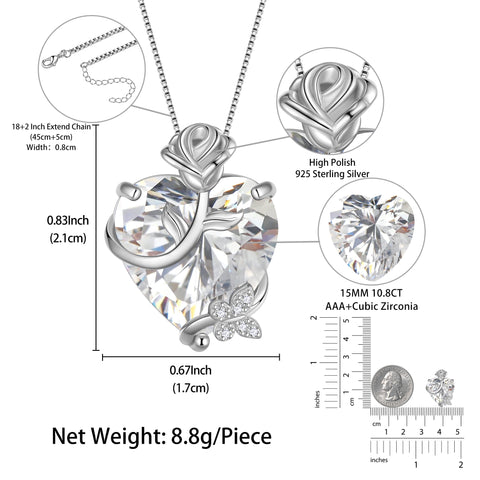 15MM Women Rose Heart Necklace April Birthstone 925 Sterling Silver Flower Butterfly Pendant Diamond CZ Bridal Jewelry Mother Valentine's Day Gift - Aurora Tears
