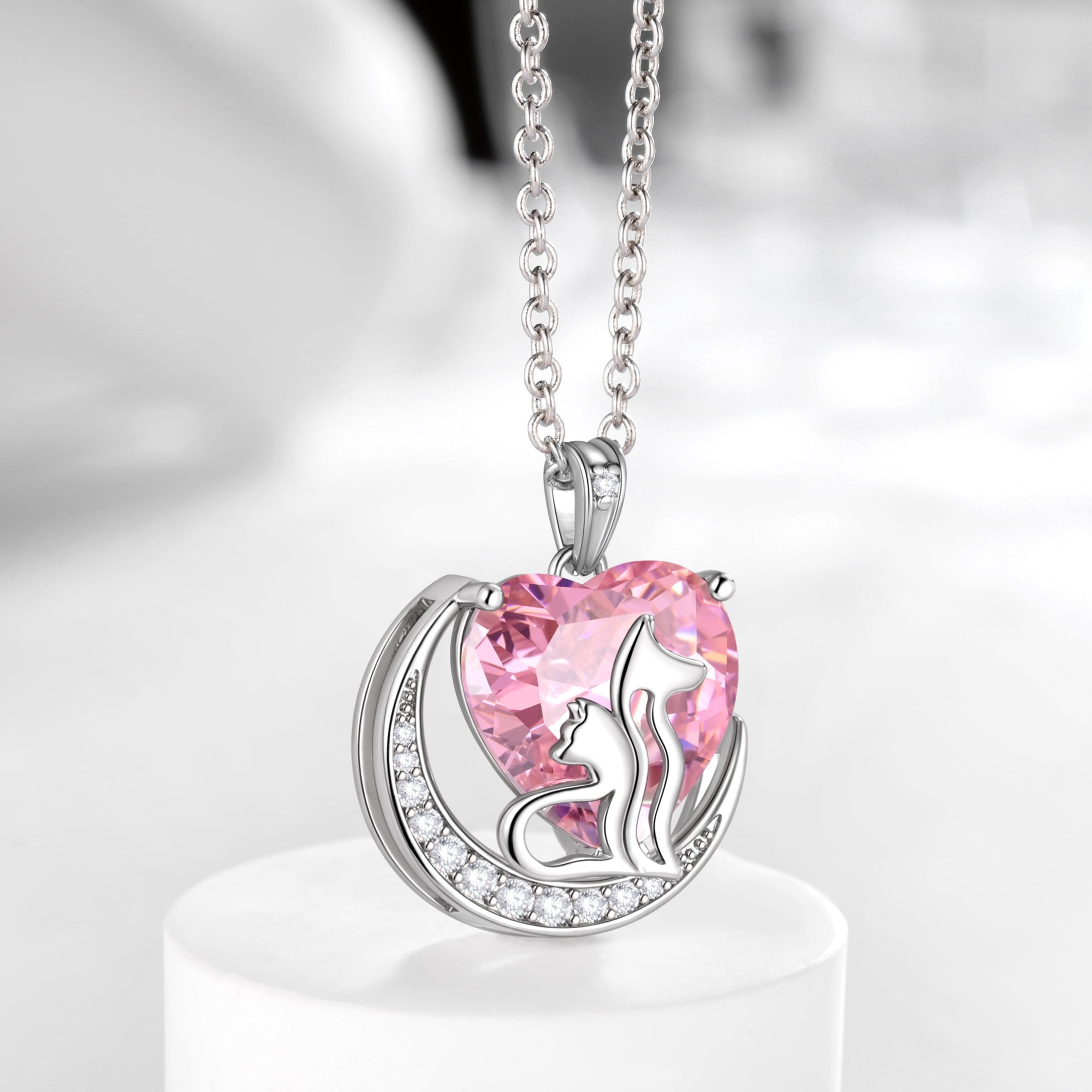 Women Animal Cat and Dog Necklace Pink Heart October Birthstone Charm Tourmaline Pendant Jewelry Christmas Birthday Gift for Mother Daughter Pet Lovers - Aurora Tears