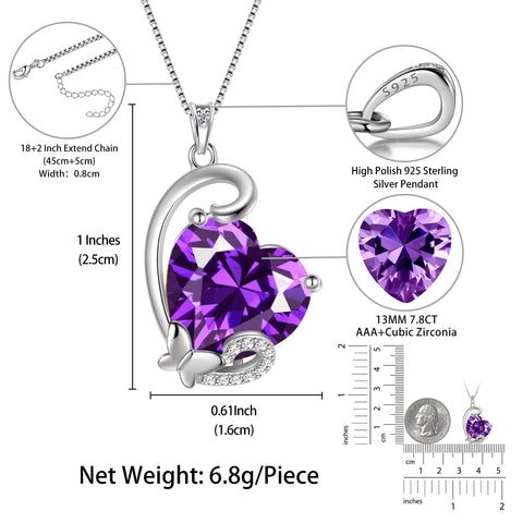 February Birthstone Heart Necklace Butterfly Pendant Purple Amethyst Jewelry 925 Sterling Silver Women Mom Birthday Valentine's Day Gift - Aurora Tears
