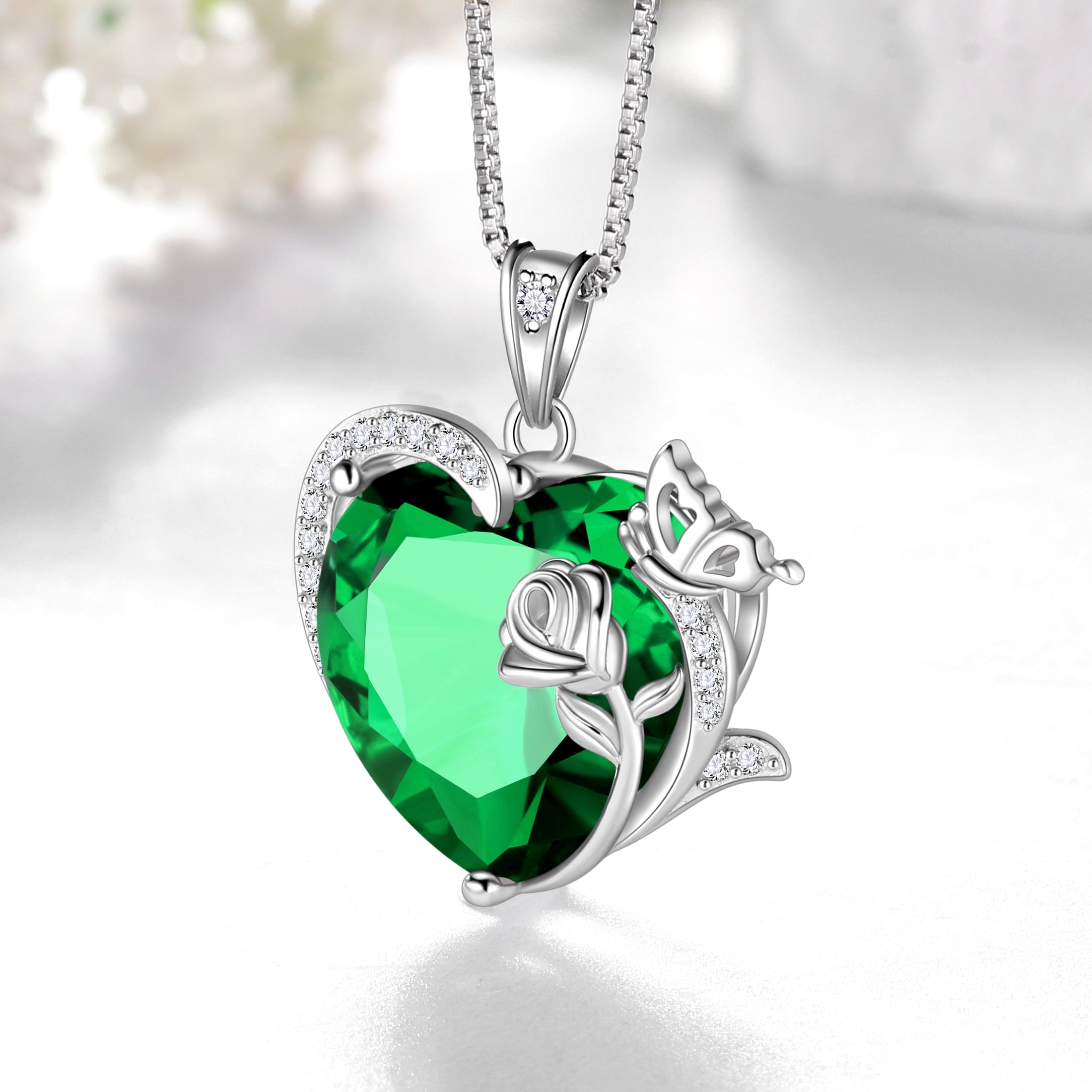 Women Heart Necklace Butterfly Rose Flower Pendant May Birthstone Emerald Green 925 Sterling Silver Jewelry Mother's Day Gift for Mom Grandma - Aurora Tears