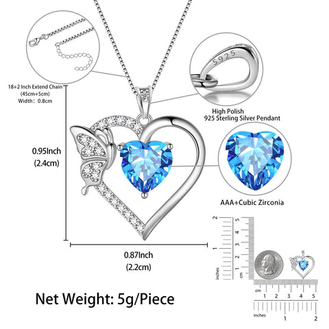 Women Blue Heart Necklace Butterfly March Birthstone Necklace Aquamarine 925 Sterling Silver Pendant Jewelry Christmas Birthday Mother's Day Gift - Aurora Tears
