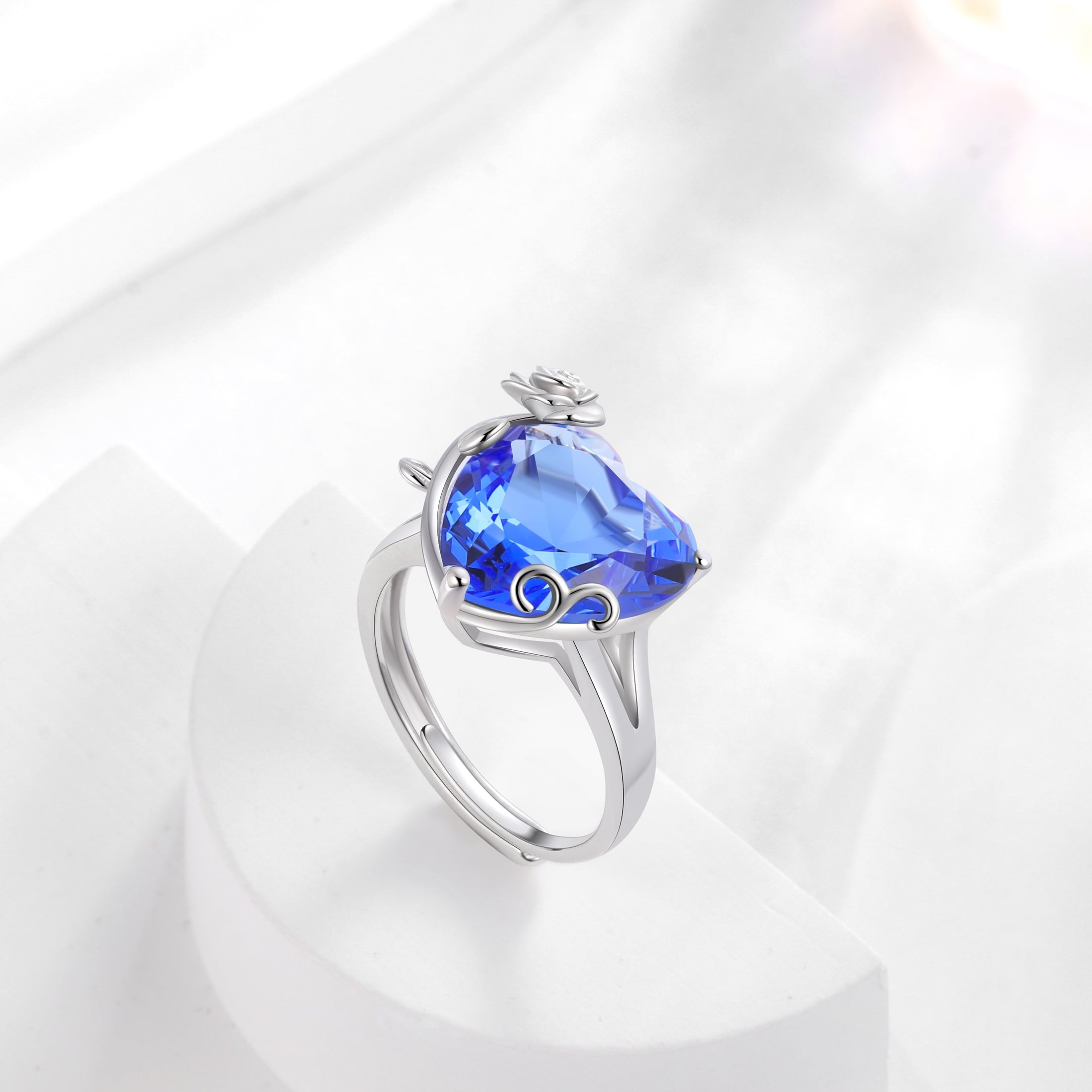 9Ct Women Heart Ring 925 Sterling Silver Rose Flower December Birthstone Tanzanite Blue Solitaire Ring Jewelry Mom Christmas Birthday Gift - Aurora Tears