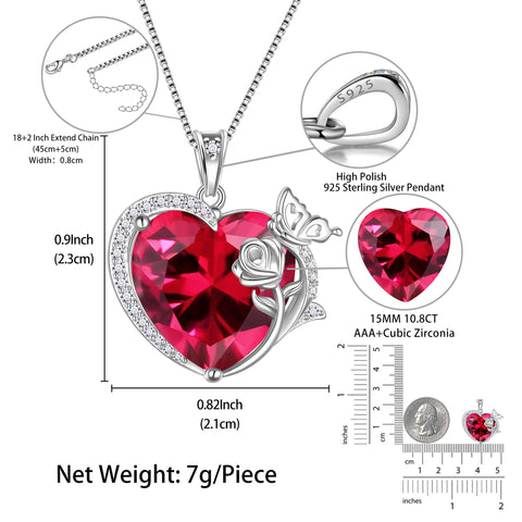 Women Heart Necklace Butterfly Rose Flower Pendant July Birthstone Ruby Jewelry 925 Sterling Silver Mother Wife Valentine's Day Gift - Aurora Tears