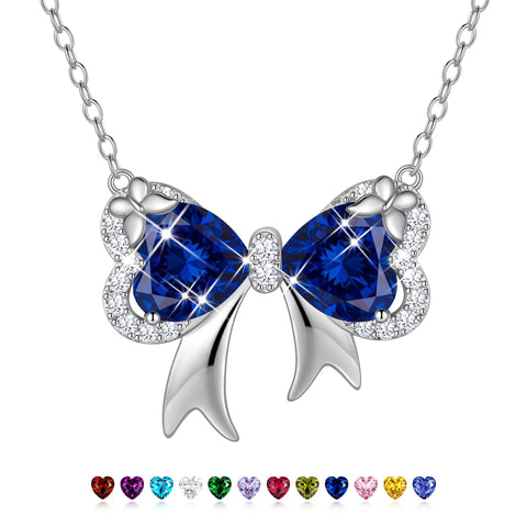 Juwaliy Silver Plated Buttefly Necklace for Women, September Birthstone Sapphire Blue Bow Tie Pendant Jewelry Christmas Birthday Valentines Gift for Mother/Wife/Daughter