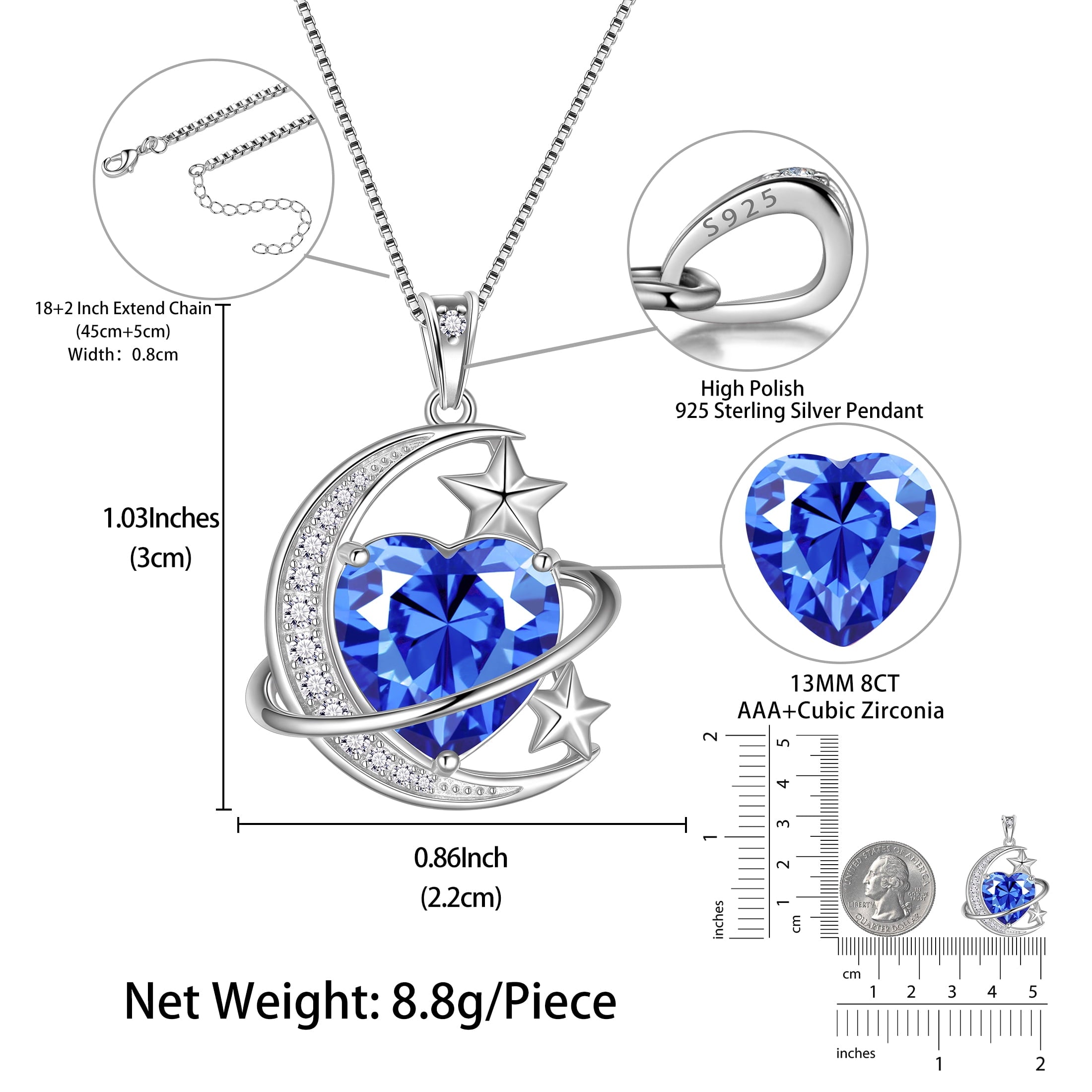 13MM Women Moon Star Necklace Heart December Birthstone 925 Sterling Silver Pendant Blue Tanzanite planet Jewelry Christmas Valentine Birthday Gift for Daughter/Mother/Wife - Aurora Tears