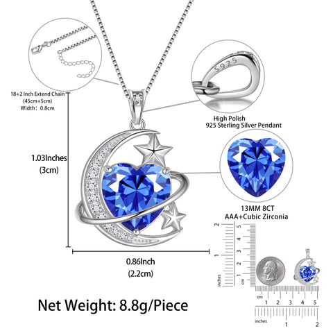 13MM Women Moon Star Necklace Heart December Birthstone 925 Sterling Silver Pendant Blue Tanzanite planet Jewelry Christmas Valentine Birthday Gift for Daughter/Mother/Wife - Aurora Tears
