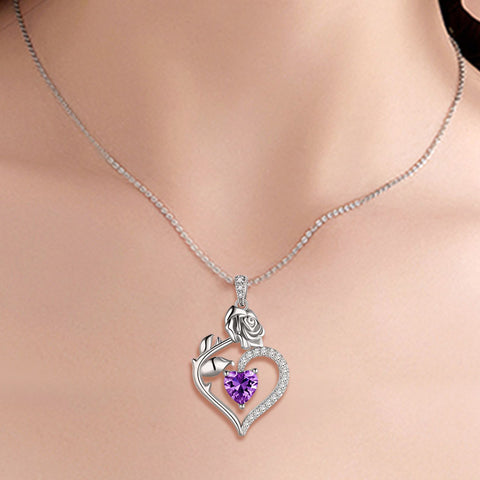 Februar Amethyst Halskette Frauen Herz Geburtsstein Anhänger Blume Rose Schmuck Geburtstagsgeschenke
