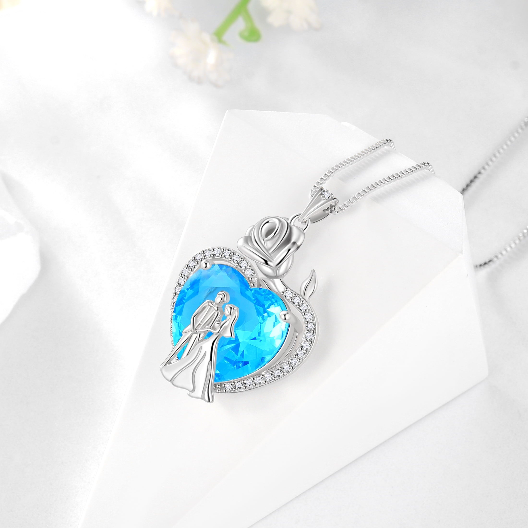 Couple Necklace for Women 925 Sterling Silver 15MM Heart March Birthstone Rose Flower Pendant Wedding Engagement Jewelry Valentine's Day Gifts for Wife Bride Her - Aurora Tears