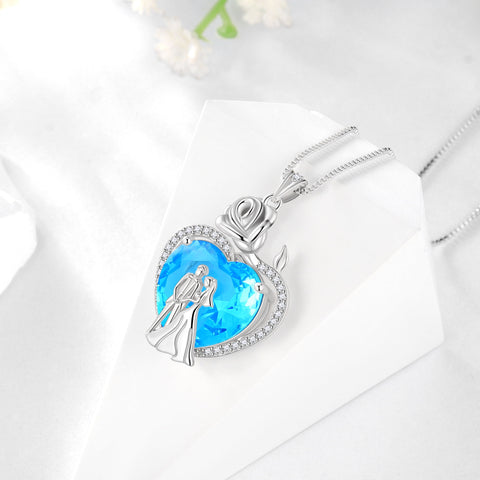 Couple Necklace for Women 925 Sterling Silver 15MM Heart March Birthstone Rose Flower Pendant Wedding Engagement Jewelry Valentine's Day Gifts for Wife Bride Her - Aurora Tears