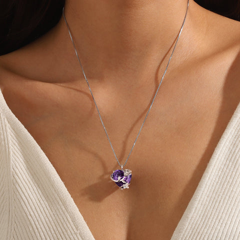 15MM Women Rose Heart Necklace February Birthstone 925 Sterling Silver Butterfly Flower Pendant Purple Amethyst Jewelry Mother Valentine's Day Gift - Aurora Tears