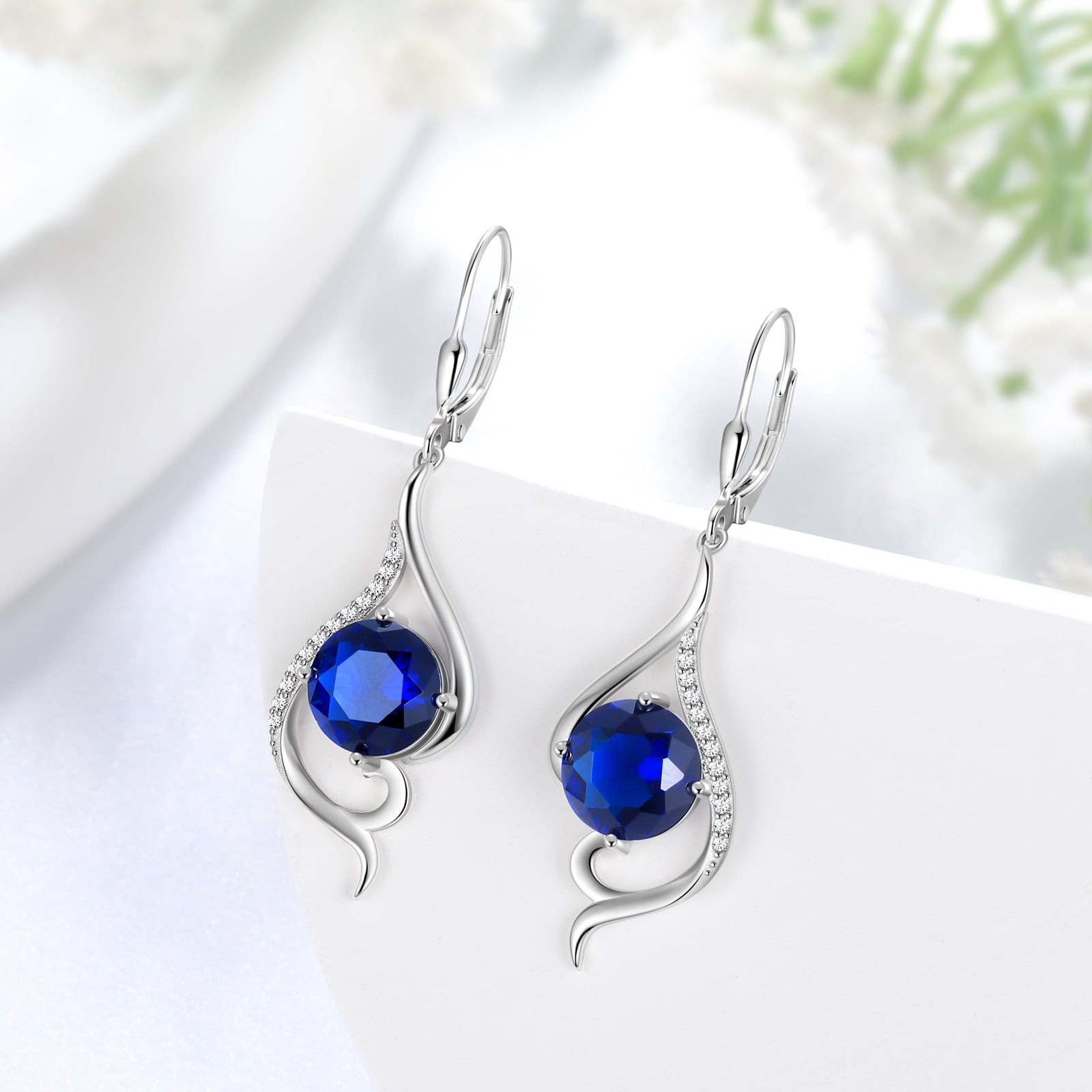 Women Blue Sapphire Dangle Earrings September Birthstone Sterling Silver Earring Leverback Tail Jewelry Mom Christmas Birthday Valentines Mothers Day Gift for Her - Aurora Tears
