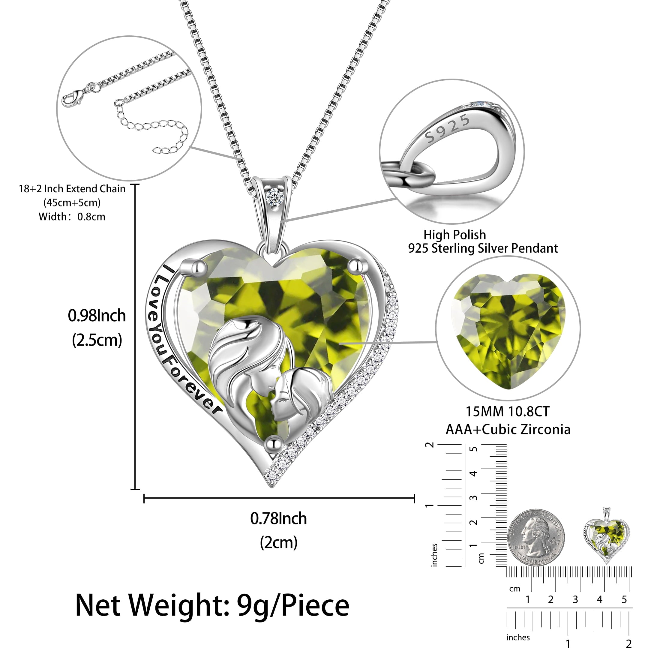 Women Heart Necklace for Mother Daughter Sister 925 Sterling Silver Green Peridot Birthstone Pendant Jewelry Christmas August Birthday Mother's Day Gift - Aurora Tears