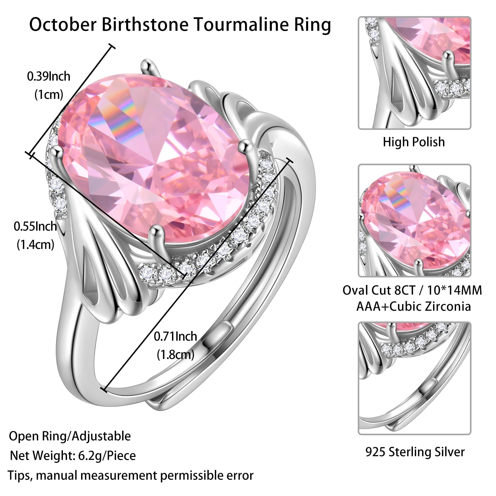 Women 8CT Oval Tourmaline Pink Ring 925 Sterling Silver Halo October Birthstone Ring Jewelry Mother Birthday Christmas Valentine's Day Gift for Her - Aurora Tears