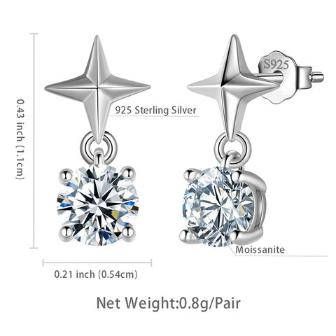 Vierzackiger Stern-Moissanit-Ohrstecker, Tropfen-Ohrringe für Damen und Mädchen, Schmuck aus 925er Sterlingsilber