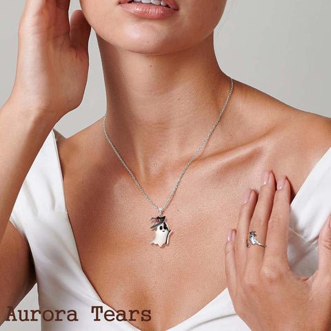 Anello da donna con collana fantasma, set di gioielli di Halloween in argento sterling 925