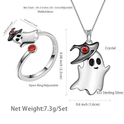 Anello da donna con collana fantasma, set di gioielli di Halloween in argento sterling 925