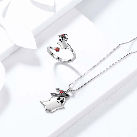 Anello da donna con collana fantasma, set di gioielli di Halloween in argento sterling 925