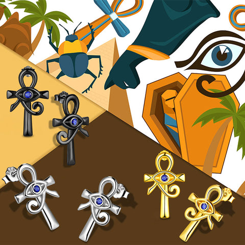 Mens Eye of Horus Ankh Cross Earrings Women Jewelry 925 Sterling Silver