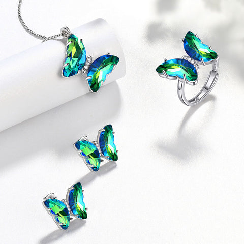 Grünes Schmetterlings-Schmuckset, 4-teiliges Geburtsstein-Set mit Mai-Smaragd-Geburtssteinen für Frauen und Mädchen, Geburtstagsgeschenke
