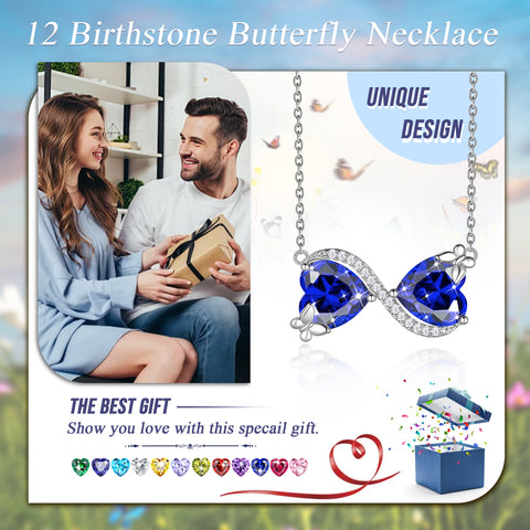 Women Infinity Heart Butterfly Necklace Birthstone Pendant Jewelry Birthday Mother's Day Gift