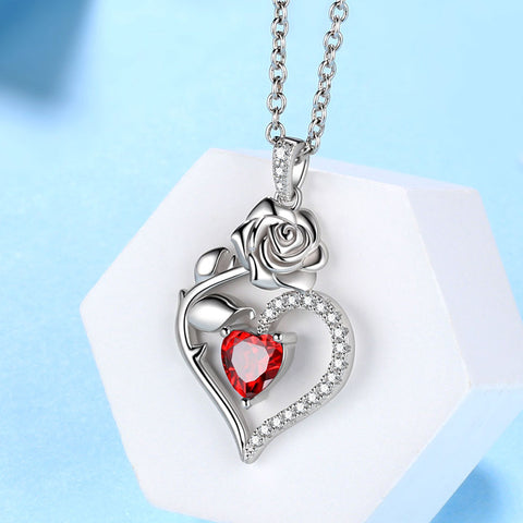 Januar Granat Halskette Frauen Herz Geburtsstein Anhänger Blume Rose Schmuck Geburtstagsgeschenke