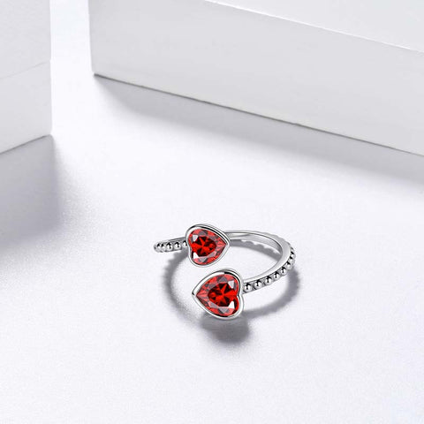 Anillo con piedra natal de enero, granate, corazones de amor, joyería para mujeres y niñas, regalo de cumpleaños