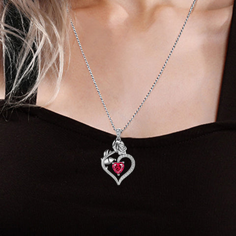 Juli-Rubin-Halskette für Damen, Herz-Geburtsstein-Anhänger, Blume, Rose, Schmuck, Geburtstagsgeschenke