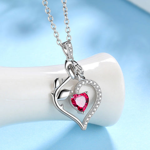 Juli-Rubin-Halskette für Damen, Herz-Geburtsstein-Anhänger, Blume, Rose, Schmuck, Geburtstagsgeschenke