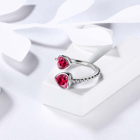 Birthstone July Ruby Love Hearts Ring Jewelry Women Girls Birthday Gift