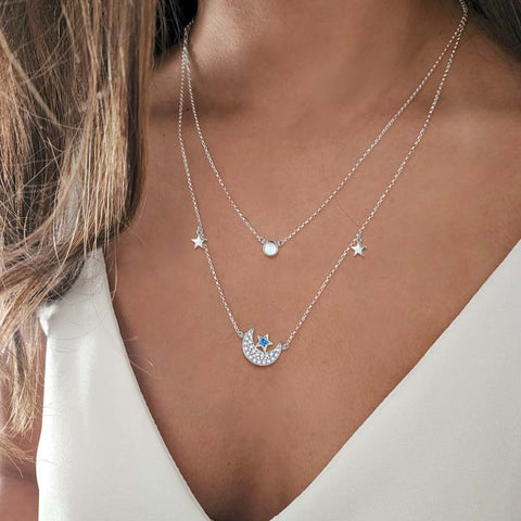Collar de estrella de luna en capas, joyería de mujer, gargantilla de ópalo de moda, cadena con colgante de luna creciente
